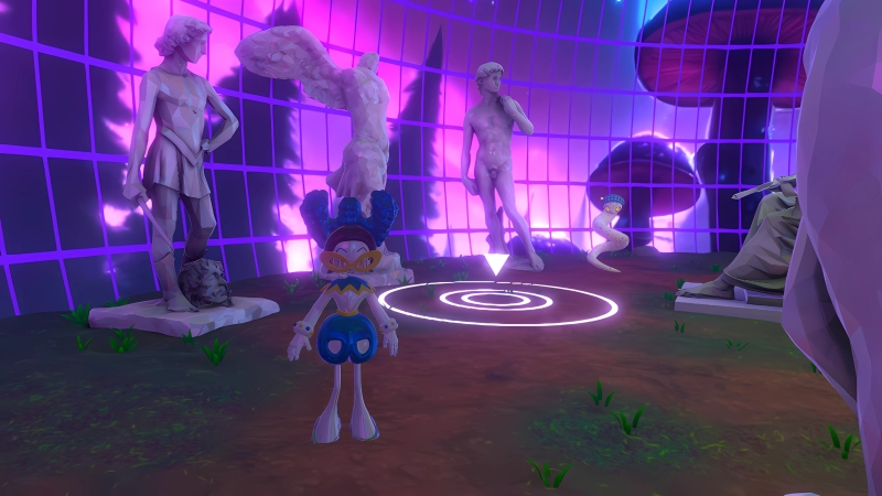 鄭伊婷、李懿澕《Paxville — A Call From The Virtual World》作品展示:VR的移動設計,於「雅典娜之家」的UI提示。此環節需要繞蛇型AI助理「雅典娜」家中的大樹,了解數位科技如何影響Paxville世界的秩序。使用了發光的虛擬提示UI來指引觀眾使用射線行進的方向